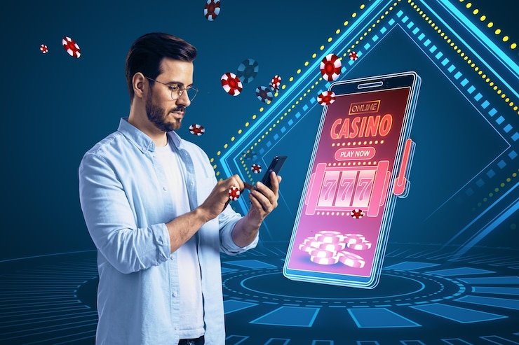 Pengguna membaca panduan mobile dengan aman